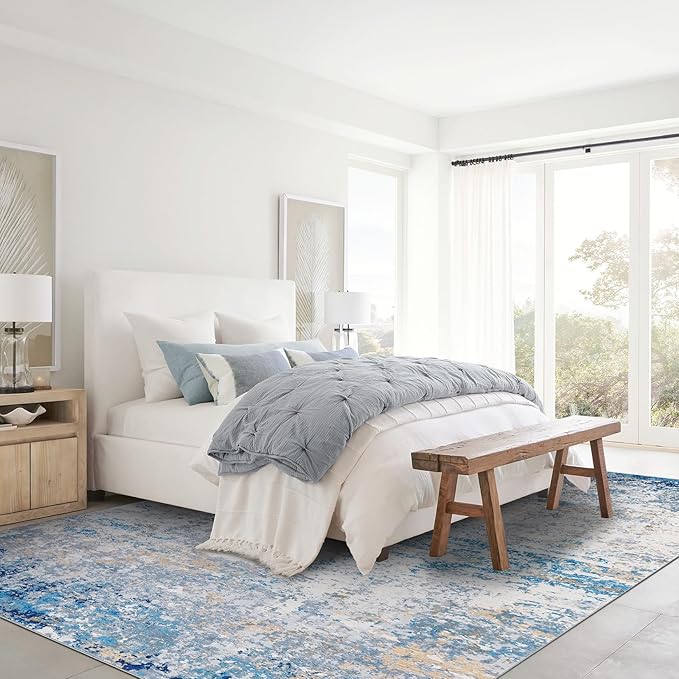 Modern Abstract Area Rug 3x5 Non Slip Non Shedding Rug Low Pile Stain Resistant for Bedroom Living Room,Blue/Grey