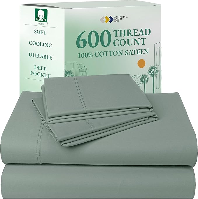 California Design Den - Luxury Full Size Sheet Set - 100% Cotton, 600 Thread Count Deep Pocket Full Size Bed Sheets, Hotel-Quality Cooling Sheets with Sateen Weave (Sage Green - Cool Tone)
