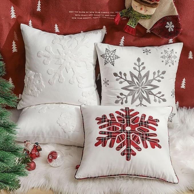 Lewondr Christmas Throw Pillow Cover, 2 Pack Snowflake Embroidery Decorative Throw Pillow Case Linen Sofa Cushion Cover for Party Thanksgiving Day Xmas Decor 16"x16"(40x40cm) - White