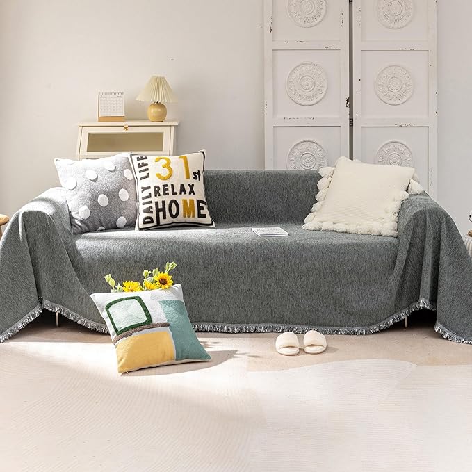 VClife Couch Covers for Sofa, Non Slip Sofa Covers for Dog Washable Couch Covers for 3 Cushion Couch Sofa with Tassel, Pet Sectional Sofa Covers Chenille Furniture Protector, Dark Gray, 91"x150"