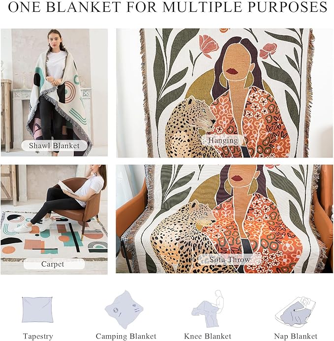 Double-Sided Cotton Woven Throw Blanket with Tassel Jungle Bohemian Style Tapestry Shawl Multi-Function Decorative Throws for Sofa Bed Armchair Camping Blanket Tablecloth Carpet 160x130cm