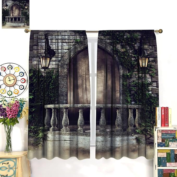 Retro Gothic Castle Arch Blackout Curtains, Mid Century European Art Aesthetics Forest Window Drapes, for Living Room Bedroom 27.5(W)*63(L) 2 Panels