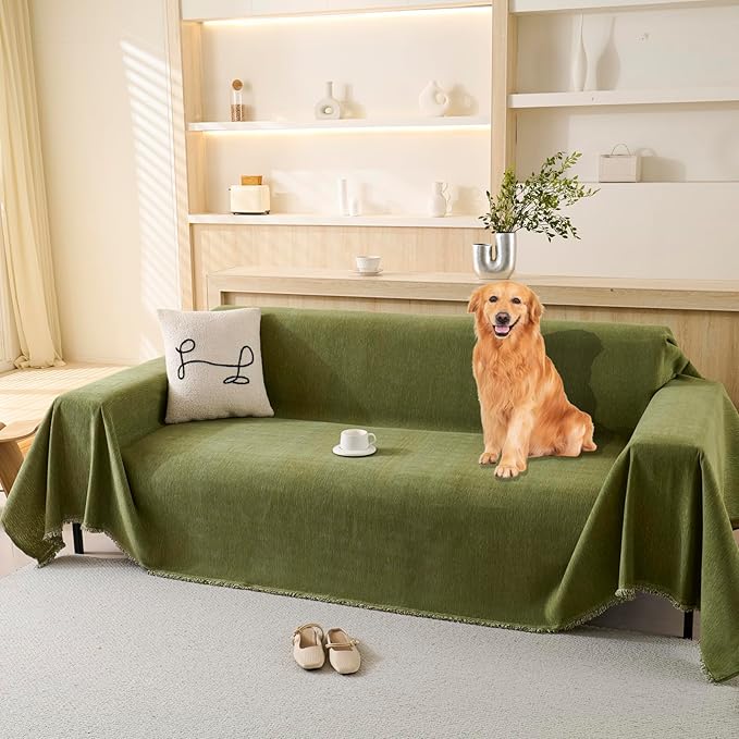 100% Waterproof Couch Cover Sofa Covers for 3-4 Cushion Couch Sectional Couch Washable Sofa SlipCover for Dog Pet-Friendly Furniture Protector for Living Room with Tassel(91" x 150", Green)