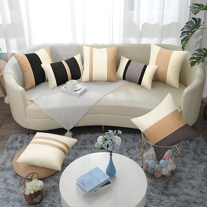 Pyonic Set of 2 Black Linen Patchwork Throw Lumbar Pillow Covers for Couch Farmhouse Decorative Outdoor Pillow Cover for Sofa Living Room Bedroom 12x20 Inch