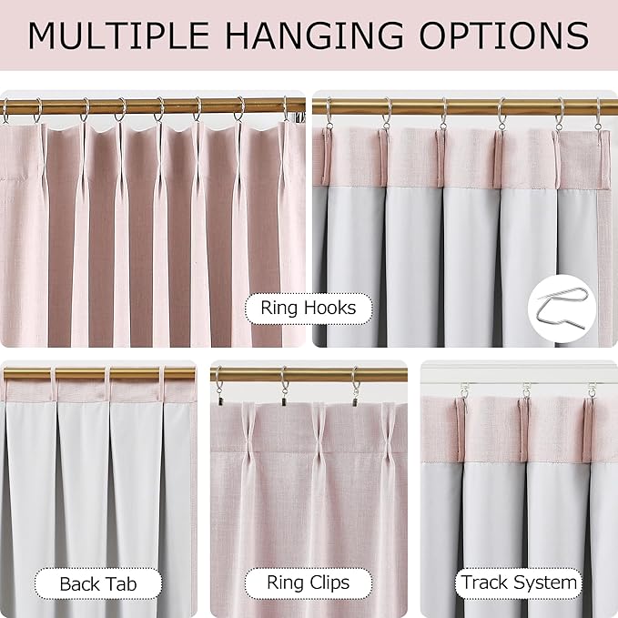 Vision Home Soft Pink Pinch Pleated Full Blackout Curtains Linen Blended Room Darkening Curtain Panels 95 inch for Living Room Bedroom Thermal Insulated Pinch Pleat Drapes with Hooks 8FT 40" Wx95 Lx2