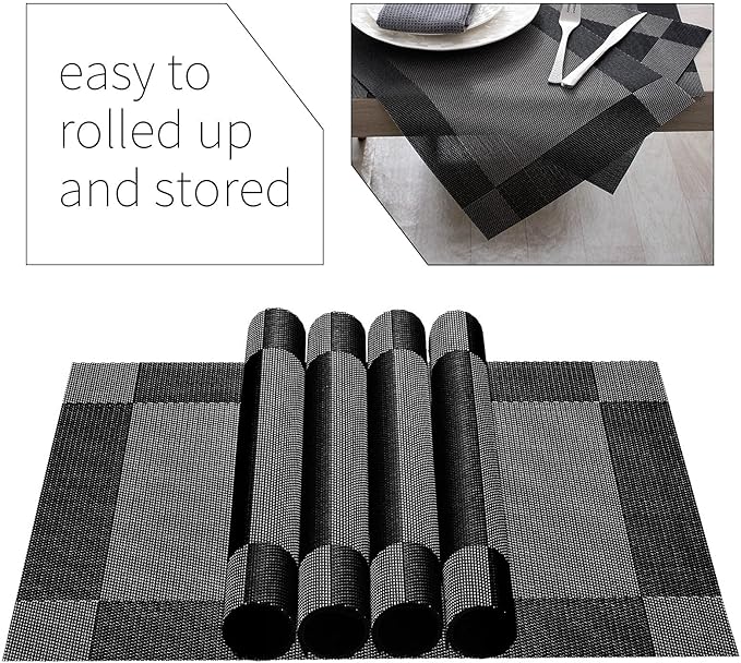 AHHFSMEI Placemats for Dining Table Set of 8 Woven Vinyl Plastic Place Mats Non-Slip Heat Insulation Stain Resistant Table Mats Washable Easy Clean Placemats (Black Corner,8)