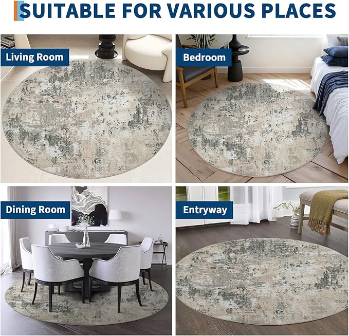 Modern Abstract 6x6 Round Area Rug Non Slip Non Shedding Rug Low Pile Stain Resistant for Bedroom Living Room Office Dining Room,Grey Yellow