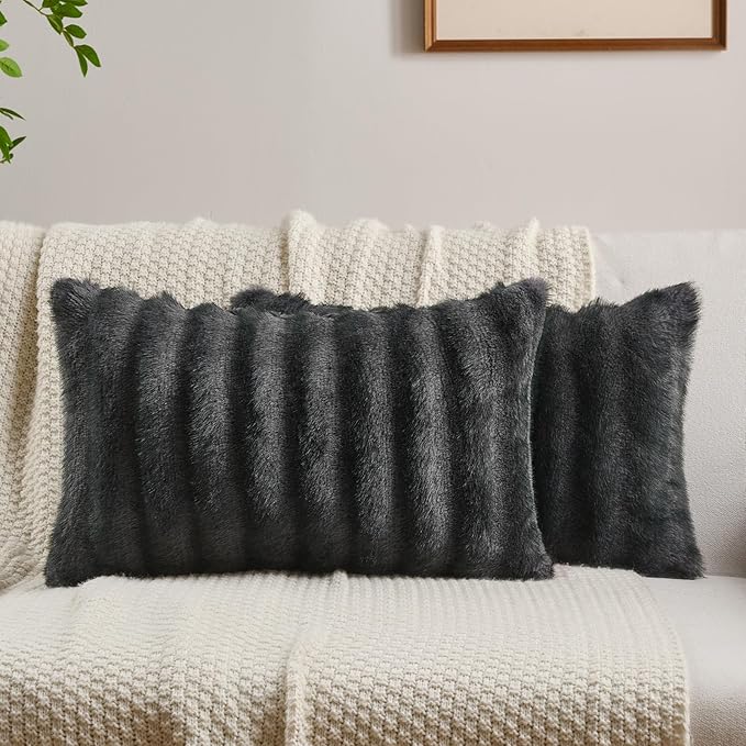 FUTEI Dark Grey Pink Decorative Throw Pillow Covers 12x20 Inch Set of 2,Soft Fluffy Faux Rabbit Fur Dyeing Striped Textured Lumbar Pillow Case,Modern Home Decor for Couch Bed Living Room