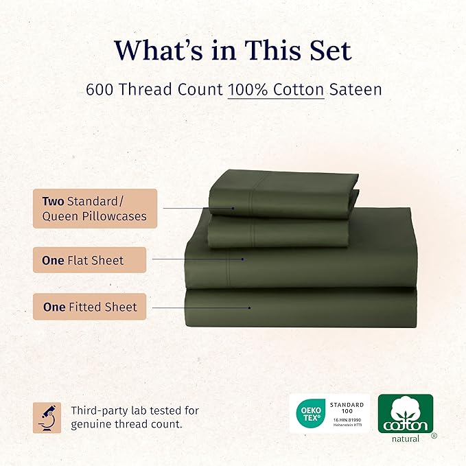 California Design Den 100% Cotton Sheets Queen Size Set - Luxury 600 Thread Count Sateen, Cooling Queen Cotton Sheets with Deep Pockets, Hotel-Quality Bedding - Olive Green
