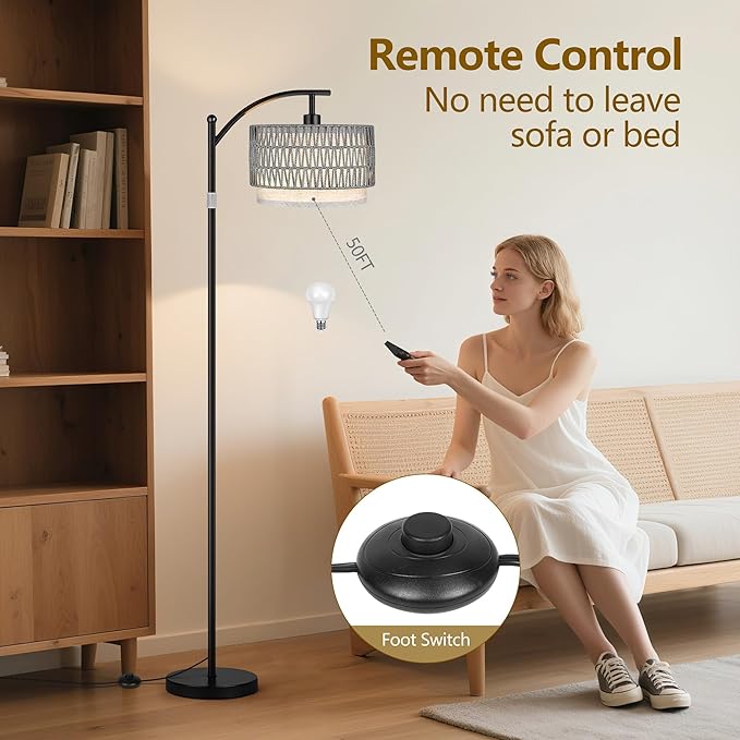 ROTTOGOON Arc Floor Lamps for Living Room, Boho Farmhouse Floor Lamp with Remote & Dimmable Bulb, Standing Lamp with Grey Rattan & Fabric Shades, Adjustable Tall Lamp for Bedroom Office-Black