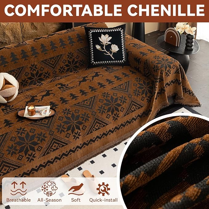 VClife Boho Couch Cover for Christmas 1 Piece Soft Warm Couch Cover for Sectional Sofa, Washable Pumpkin and Black Jacquard Loveseat Sofa Covers for Home Office RV 71"x118"