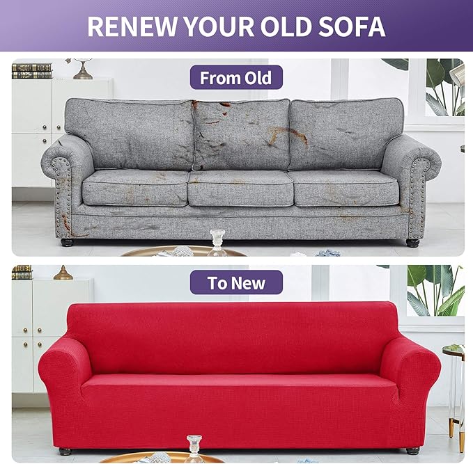 Joccun Stretch Loveseat Couch Cover Slipcover, 1-Piece Sofa Cover for 2 Cushion Couch Spandex Jacquard Washable Furniture Protector Cover for Living Room,Kids,Pets（Loveseat,Ruby）