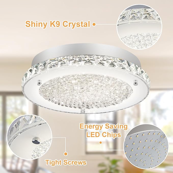 Crystal Ceiling Light Fixture 3000/4000/5000K Flush Mount Crystal Chandelier Modern Dimmable LED Kitchen Light Fixture for Bathroom Hallway Porch Laundry Room Cloakroom Office 11"