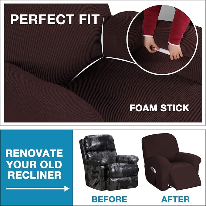 Flamingo P Stretch Recliner Chair Cover Recliner Cover for Electric/Manual Style | Furniture Cover for Reclining with Side Pocket, Soft Checked Jacquard Fabric Form Fitted Standard/Oversized - Brown