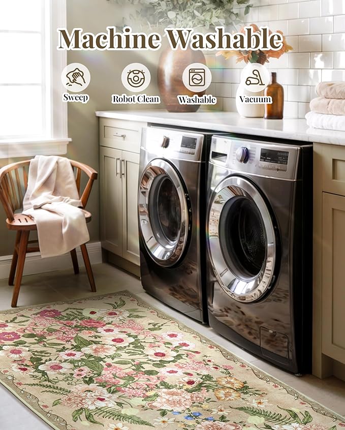 Floral Runner Rug 2x6 - Washable Vintage Kitchen Rug Low Pile Non-Slip Carpet for Entryway Hallway, Laundry, Bedroom - Soft, Stain Resistant Indoor Area Rug - Brown