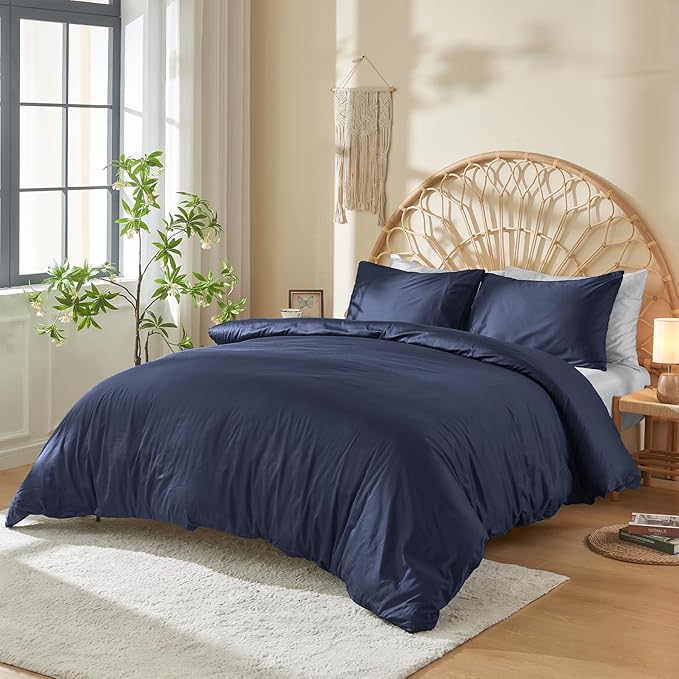 DOZ 100% Long Staple Cotton Duvet Cover Set, Soft Sateen Weave, Smooth, Breathable, Hotel Comfort, 90"x90", 8 Loops, 3pc – 2 Pillowcases 1 Duvet Cover (Sapphire, Full/Queen)
