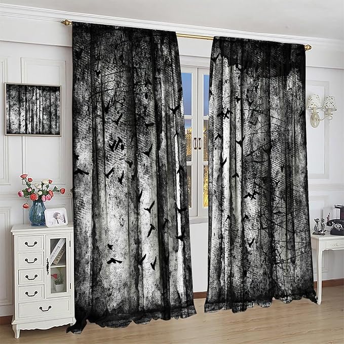 Gothic Halloween Forest Blackout Window Curtains, Forest Spider Webs Halloween Style Scary Print Window Treatments, for Bedroom Living Room 31.5(W)*63(L) 2 Panels