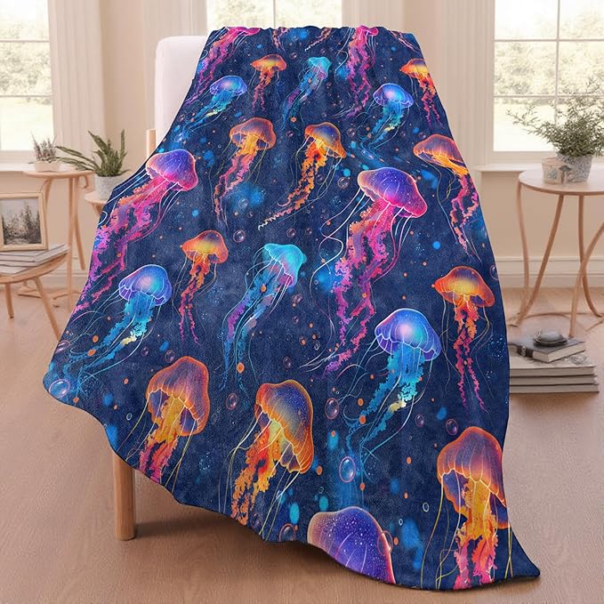 Jellyfish Throw Blanket for Adutls Kids, 60x80 in, Cozy Soft Warm Fleece Blankets Gifts for Couch, Camping, Hiking Decor