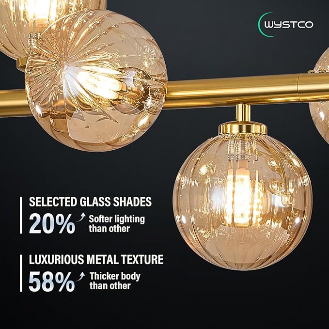 50" Large Sputnik Globe Chandelier, 12-Light Mid Century Modern Light Fixture Over Table, Brass Gold Linear Chandeliers for Dining Room and Kitchen Island (Amber Glass Bubble Shades)
