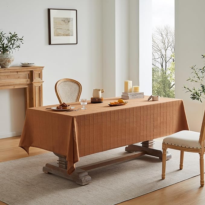 ZeeMart Linen Checked Table Cloth, Farmhouse Style Plaid Embroidered Caramel Tablecloth, Water Resistant Square Table Cloth, Caramel 52x52 Inches