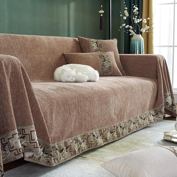 DREAMINGO Sofa Covers for 3 Cushion Couch Solid Thickened Chenille Couch Cover Multi-Use Furniture Protector Cover for Dogs Cats Luxury Jacquard Edge Universal Sofa Cover Blanket (X-Large, Brown)