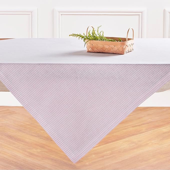 Solino Home Linen Striped Tablecloth 52 x 52 Inch - 100% Pure Linen Pink and White Square Table Throw - Narrow Stripe, Machine Washable Tablecloth