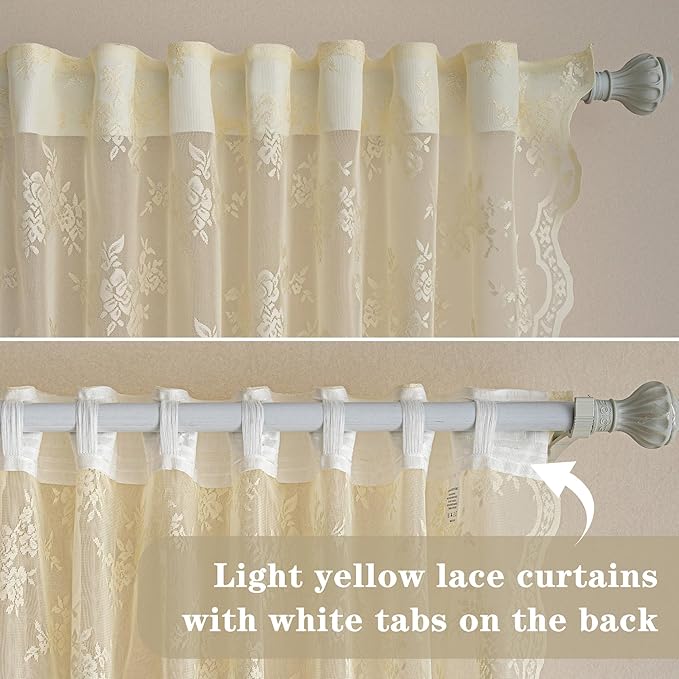 MEETSKY Vintage Lace Sheer Curtains 54 Inch Long 2 Panels Set for Small Windows French Victorian Spring Floral Pattern Design Light Filtering Back Tab Rod Pocket Drapes, 50"W Each Panel, Light Yellow