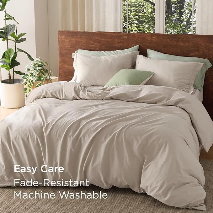 Bedsure 100% Washed Cotton Duvet Cover Oversized Queen - Linen Color Minimalist Cotton Duvet Cover Linen Like - GentleSoft™ Plain Simple Bedding (Oversized Queen, 98"x98")
