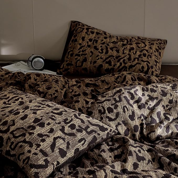 mixinni Leopard Duvet Cover Queen Size Yarn-Dyed Leopard Print Jacquard Cotton Duvet Cover Set-Vintage Floral Pattern Bedding Set with Pillowcases Perfect for Him and Her-(Queen Size, Brown)