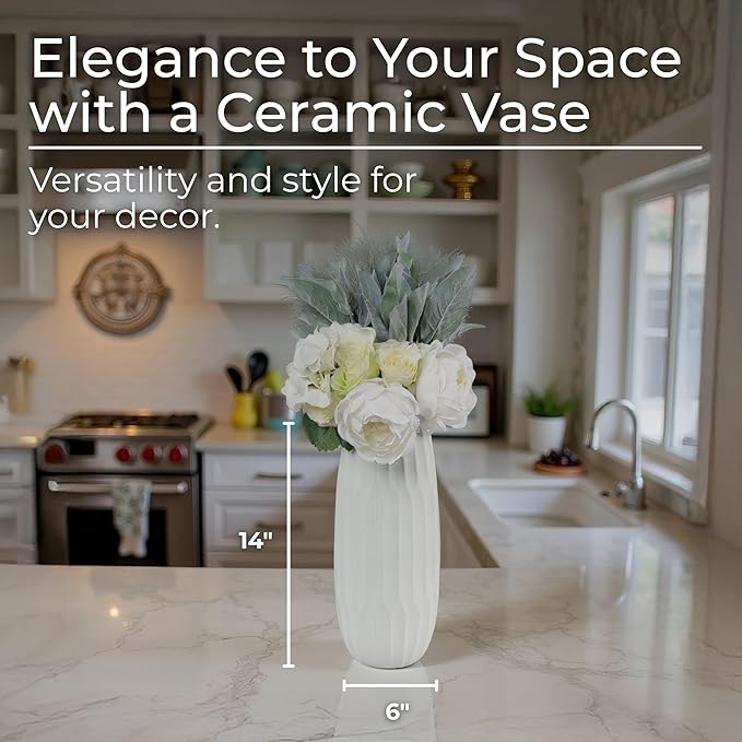Oblong Decorative Vase with Textured Finish – Ceramic Decorative Vases for Home Decor – Modern Centerpiece Flower Vases for Living Room, Bedroom & Office – 14", White
