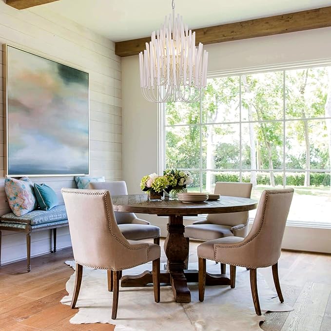 TOCHIC Modern Farmhouse Chandelier for Dining Room 21", Small Vintage White Wood Chandeliers Light for Living Room, Rustic Pendant Lighting Fixture Ceiling Hanging for Foyer Bedroom Entryway