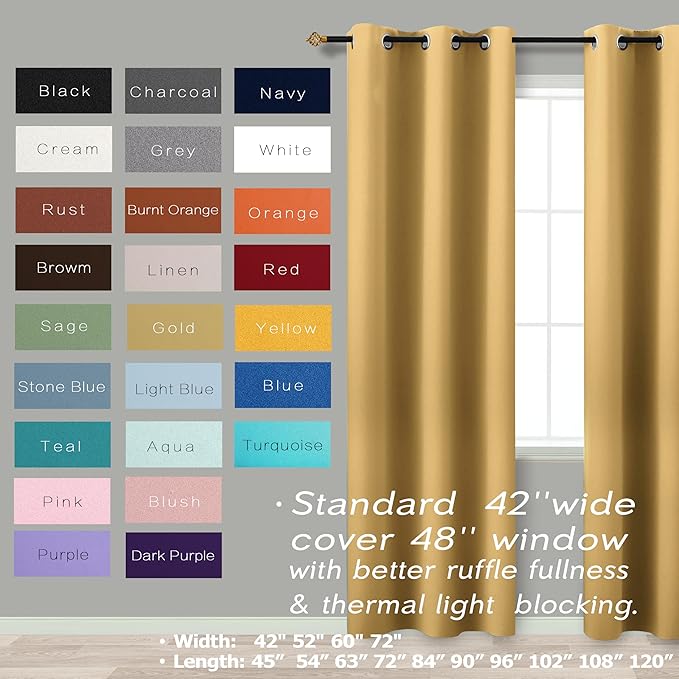 KOUFALL Living Room Curtains 63 Inch Length,2 Panels Thermal Insulated Black Out Room Darkening Blackout Curtains,42x63 in Long,Gold Yellow