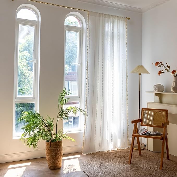 Sutuo Home Boho Curtains for Bedroom 84 Inch Length, Light Filtering Country Farmhouse Vintage Shabby Chic Tassels Window Treatment Bohemian Embroidery Drape, Rod Pocket 1 Panel 52" W x 84" L, White