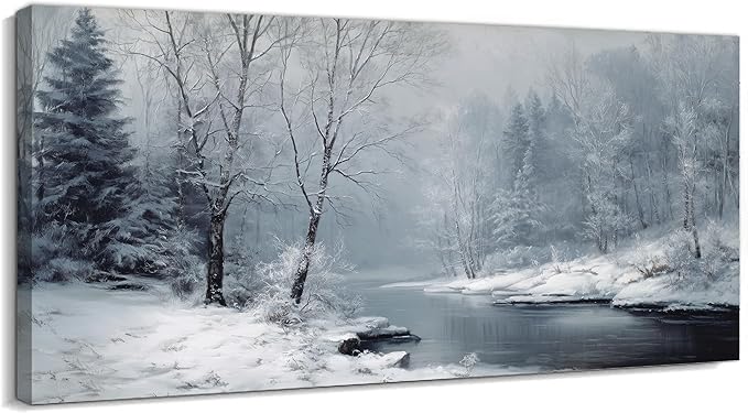 GUTTATY Christmas Winter Scene Canvas Wall Art, Snowy River Landscape Canvas Prints, Frosted Forest Picture Wall Decor Artwork for Living Room, Bedroom, Holiday Season Decoration, 48x24 Inch