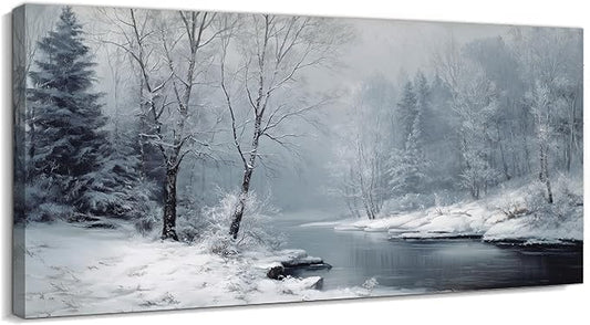 GUTTATY Christmas Winter Scene Canvas Wall Art, Snowy River Landscape Canvas Prints, Frosted Forest Picture Wall Decor Artwork for Living Room, Bedroom, Holiday Season Decoration, 32x16 Inch