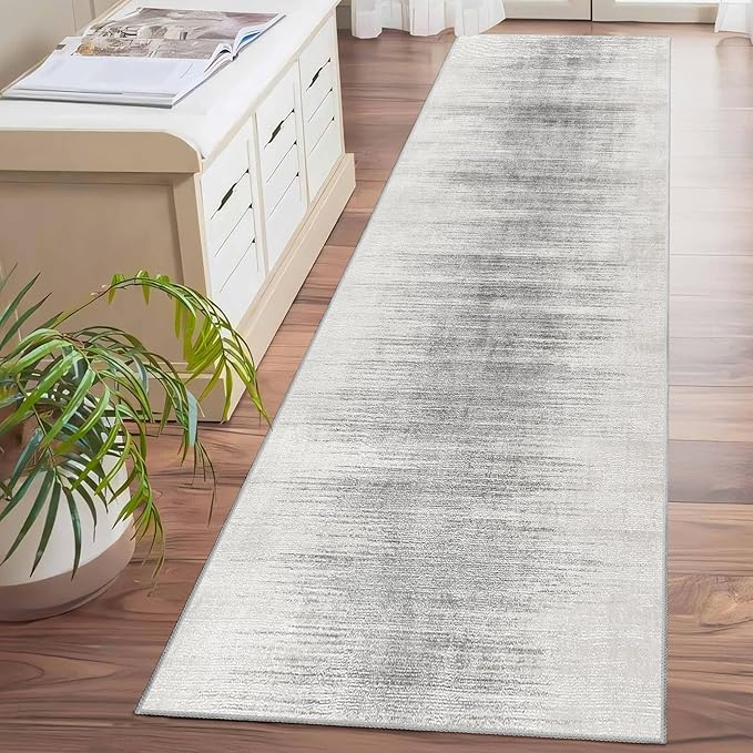 Enkor Runner Rugs for Hallway, 2x8 Washable Soft Non Slip Abstract Rugs for Kitchen, Modern Mat for Entryway Living Room Bedroom White & Grey