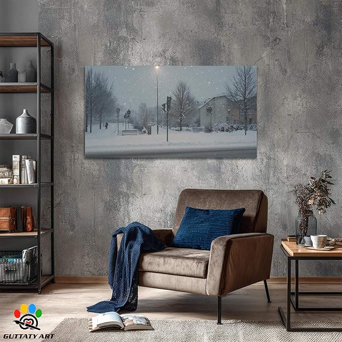 GUTTATY Christmas Winter Scene Canvas Wall Art, Snowy Street Canvas Prints, Tranquil Outdoor Winter Pictures Wall Decor, Seasonal Hanging Artwork for Living Room, Bedroom, Office, 32x16 Inch