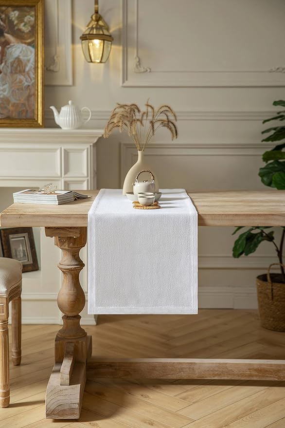 ZeeMart Burlap Style Farmhouse Table Runners 72 Inches Long, White Rustic Woven Dining Table Runner for Everyday Use, 14x72 Inches, White