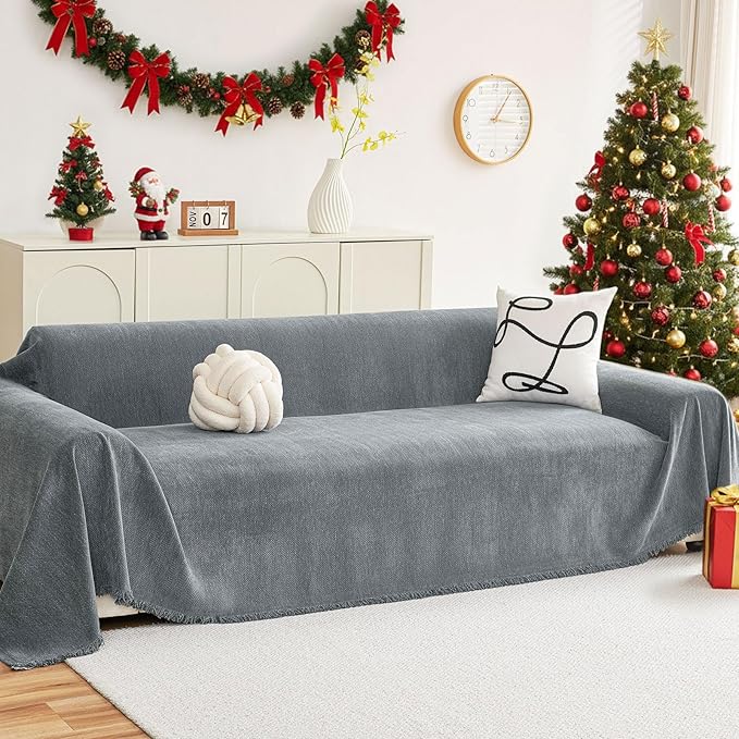 hyha Couch Cover for Dogs, Boho Sofa Covers for 3 Cushion Couch Washable, Chenille Sofa Slipcover for Pets, Soft Loveseat Sectional Couch Throw Blankets with Tassels (Grey, 88.5x118 Inch)