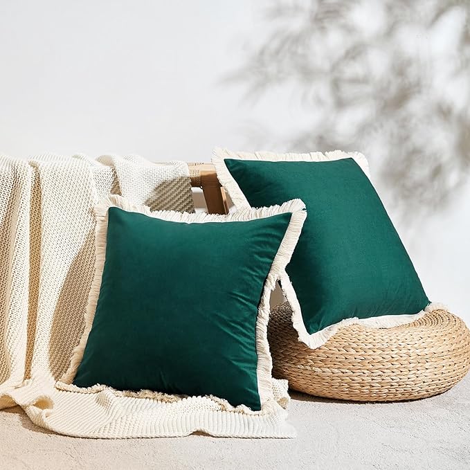 MONDAY MOOSE Decorative Throw Pillow Covers Cushion Cases, Set of 2 Soft Velvet Modern Fringe Tassel Designs, Mix and Match for Home Decor, Pillow Inserts Not Included (Teal Green, 20x20 inch)