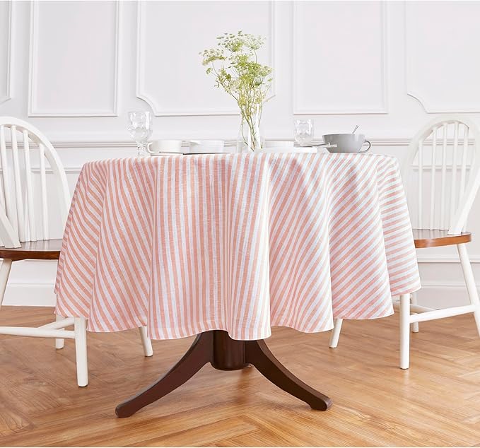 Solino Home Linen 60 Inch Round Tablecloth - Amalfi Stripe, 100% Pure Linen Coral and White Round Tablecloth - Machine Washable Table Cloth