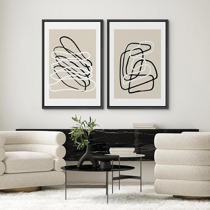 SIGNWIN Framed Wall Art Print Set Black and White Lines Tangled Tan Background Abstract Swirly Cozy Neutral Modern Art Mid-Century Modern Expressive for Living Room, Bedroom, Office - 24"x36"x2 Black