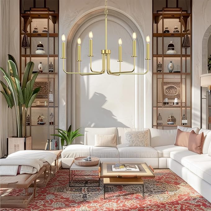 Farmhouse Chandelier, 6-Light Metal Hanging Ceiling Light Fixture for Dining Room, Kitchen Island, Living Room, Entryway, Foyer-Gold