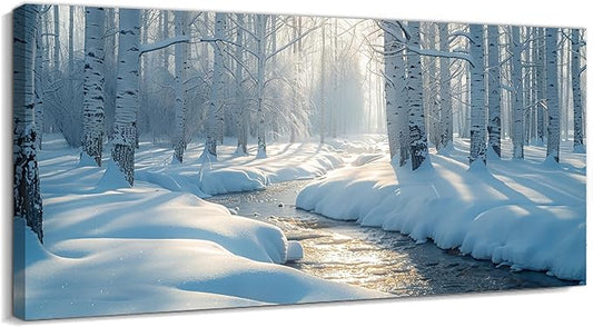 GUTTATY Christmas Winter Scene Canvas Wall Art, Birch Tree Snow Landscape Canvas Artwork, Serene Blue White Wall Decor Picture, Peaceful Nature Winter Poster for Living Room and Bedroom, 32x16 Inch