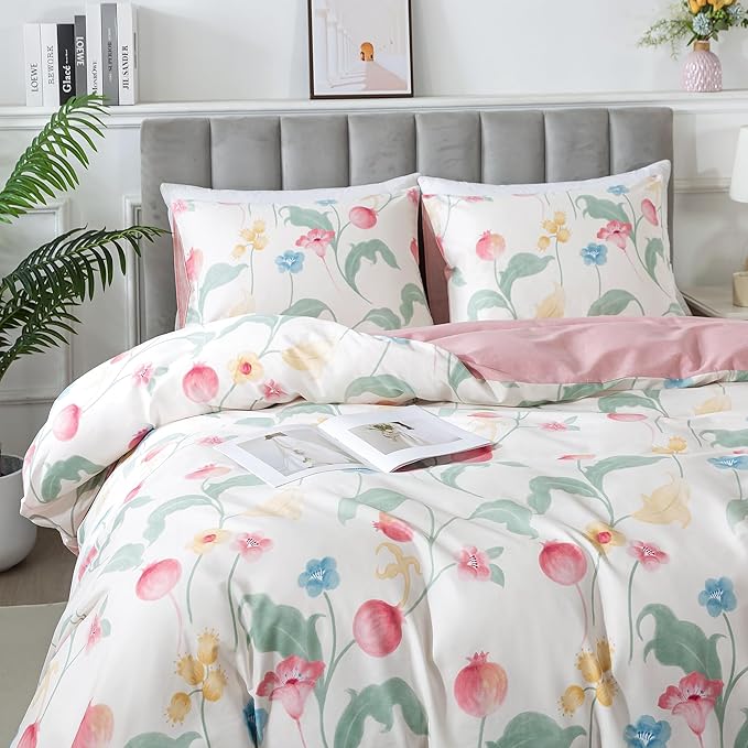 HoneiLife Queen Size Duvet Cover - Fruits Comforter Cover 3-PC, Botanical Bedlinen Set with Zipper Closure & Corner Ties, Pomegranate Comforter Cover Sets 100% Cotton