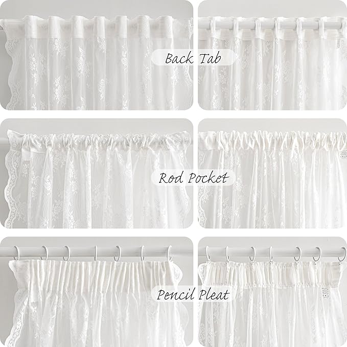 MEETSKY White Lace Sheer Curtains 63 Inch Length 2 Panels Set Vintage Victorian Scalloped Edges Floral for Living Room Bedroom Back Tab Rod Pocket Boho Style Light Filtering Drapes, 50" W Each Panel