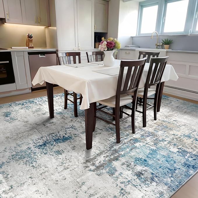 Washable Area Rug 5x7 - Neutral Modern Abstract Rugs, Soft Non Slip Thin Carpet with for Bedroom, Under Dining Room Table, Home, Office, Dorm, Office Rolling Chair - Blue Gray
