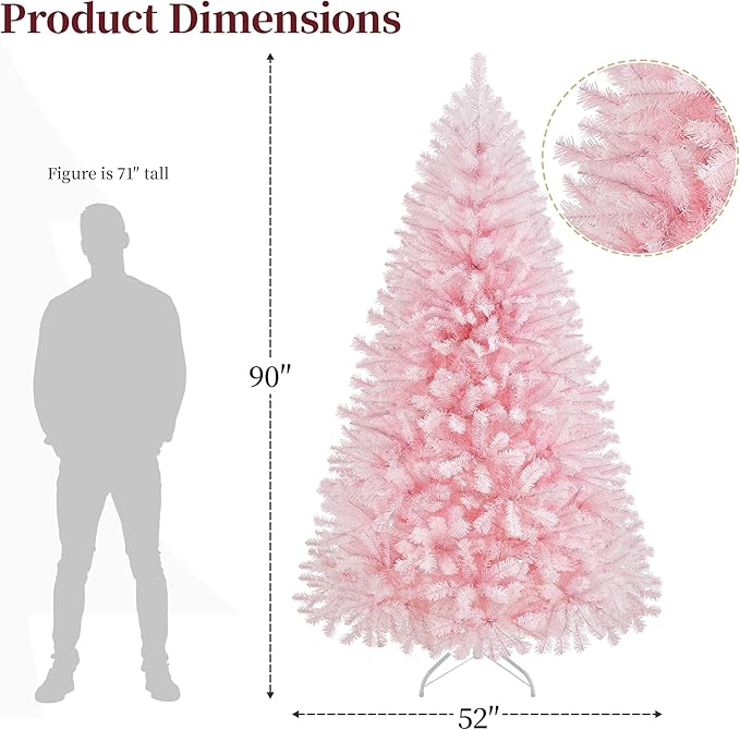 Yaheetech 7.5ft Pre-lit Artificial Hinged Christmas Tree Prelighted Full Holiday Xmas Tree for Home Party Decoration with 550 Warm White Lights & 1354 Branch Tips, Foldable Metal Stand, Pink
