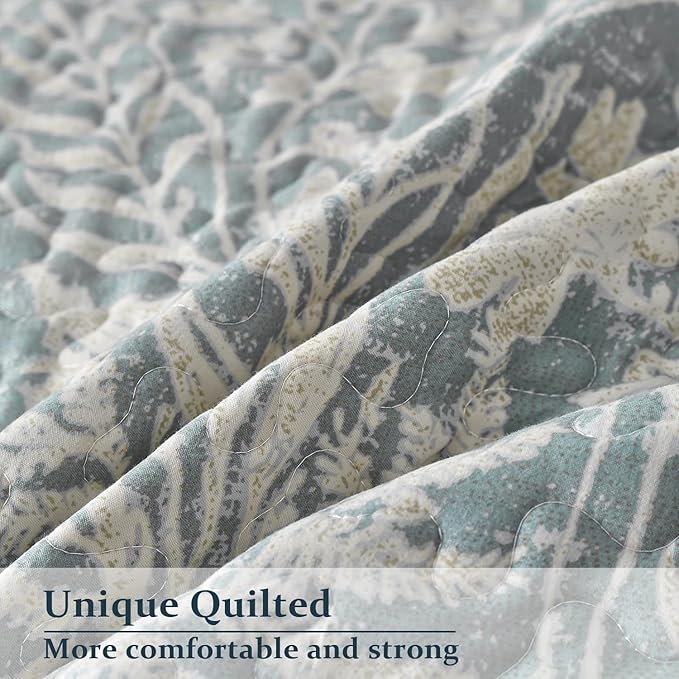 DURLENGEN Bluish Grey Botanical Quilt Set California King Size 3Pcs,Bluish Grey Printed with Beige Leaves Pattern,All Season Lightweight Bedspread Coverlet (California King 112x104, Beige Botanical)
