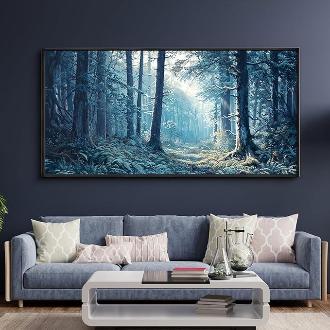 KLAKLA Canvas Wall Art - Forest Wall Decor Amazon Wall Art Landscape Blue Tree Picture Framed Artwork for Walls Living Room Bedroom Office - 48x24 Inches